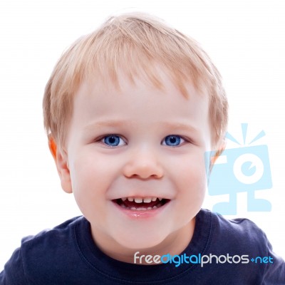 Toddler Blond And Blue Eyes Boy Child With Various Facial Expres… Stock Photo