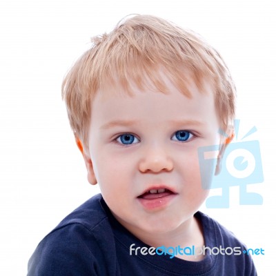 Toddler Blond And Blue Eyes Boy Child With Various Facial Expres… Stock Photo