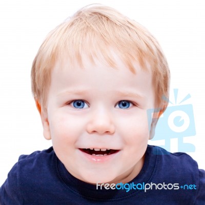 Toddler Blond And Blue Eyes Boy Child With Various Facial Expres… Stock Photo