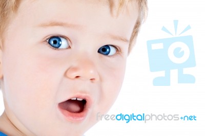 Toddler Blond And Blue Eyes Boy Child With Various Facial Expres… Stock Photo