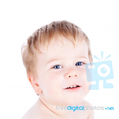 Toddler Blond And Blue Eyes Boy Child With Various Facial Expres… Stock Photo