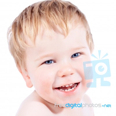 Toddler Blond And Blue Eyes Boy Child With Various Facial Expres… Stock Photo