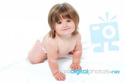 Toddler In Diapers Trying To Crawl Stock Photo