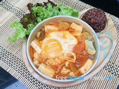 Tofu Kimchi Soup With Brown Seed Stock Photo