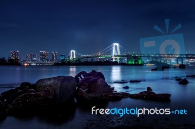 Tokyo Skyline With Rainbow Bridge And Tokyo Tower. Tokyo, Japan Stock Photo