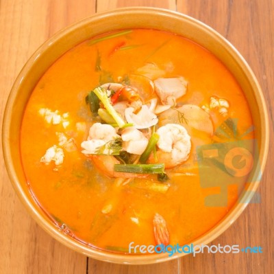 Tom Yum Kung Thai Spicy Seafood Soup Stock Photo