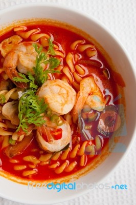 Tom Yum Seafood With Fusilli Stock Photo