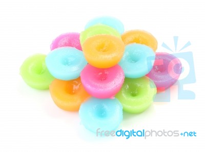 Top Level Of Multiple Flower Scented Thai Sweet On White Floor Stock Photo