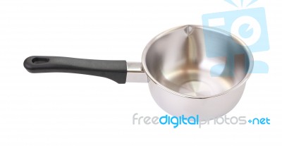 Top Of Black Handle Stainless Steel Pot On White Background Stock Photo