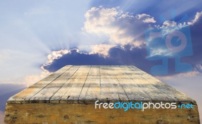 Top Of Old Wood Table Against Beautiful Sky With Copy Space Use Stock Photo