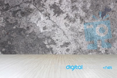 Top Of Wood Table On Old Concrete Wall Background Stock Photo