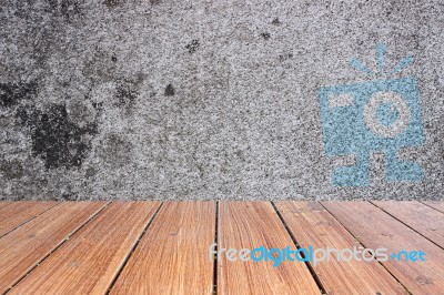 Top Of Wood Table On Old Concrete Wall Background Stock Photo