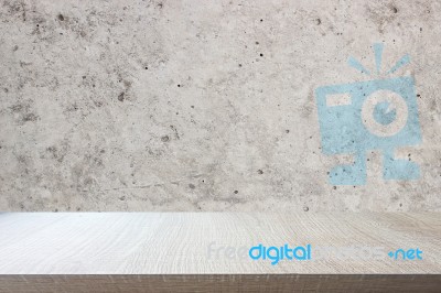 Top Of Wood Table On Old Concrete Wall Background Stock Photo