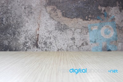 Top Of Wood Table On Old Concrete Wall Background Stock Photo