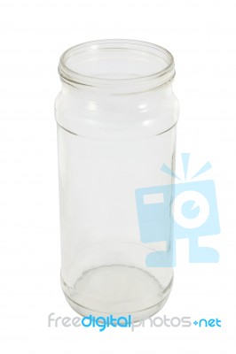 Top Side Of Glass Bottle With Opened Cover On White Background Stock Photo