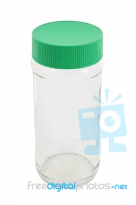 Top Side Of Glass Bottle With Plastic Cover On White Background Stock Photo