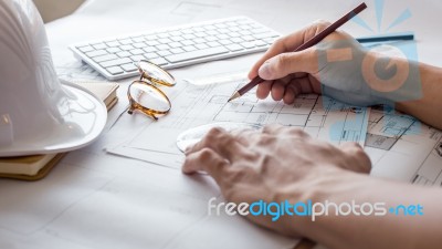 Top View Of Architect Drawing On Architectural Project,projectin… Stock Photo