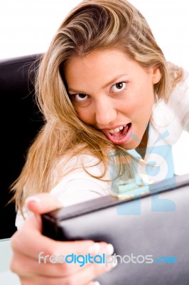 Top View Of Businesswoman Opening The Bag Stock Photo