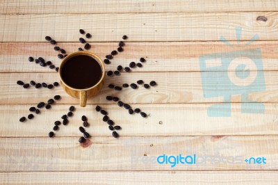 Top View Of Creative Coffee Cup With Copyspace On Wooden Panel A… Stock Photo