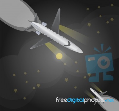 Top View  Of Small Private  Jet Airplane Over Night Sky Stock Image