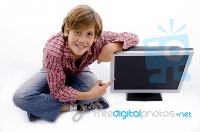 Top View Of Smiling Child Pointing Stock Photo