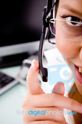 Top View Of Smiling Service Provider Holding Microphone Stock Photo