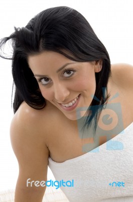 Top View Of Smiling Woman In Towel Stock Photo