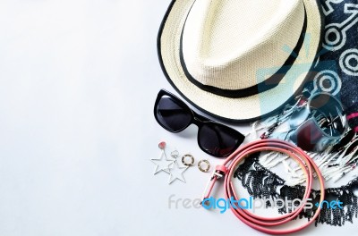 Top View Of Summer Accessories For Modern Woman On White Backgro… Stock Photo