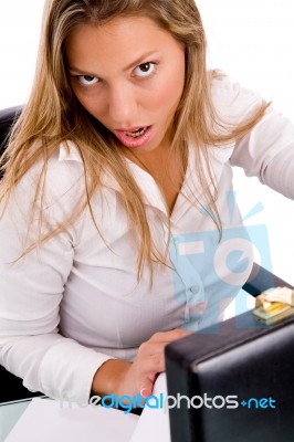 Top View Of Surprised Ceo With Document And Bag Stock Photo