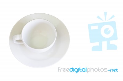 Top View Of The Glass And White Ceramic Plate On A White Background With Clipping Path Stock Photo