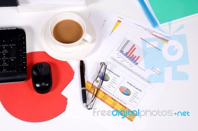 Top View Of White Office Desk Stock Photo