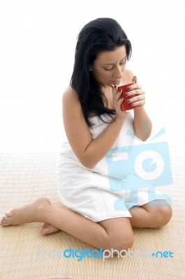 Top View Of Woman Holding Coffee Mug Stock Photo