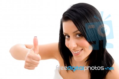 Top View Of Woman Showing Thumb Up On An Isolated Background Stock Photo