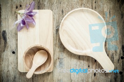 Top View Of Wooden Bowl On Old Wooden Background Stock Photo