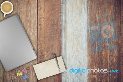 Top View Of Working Place Elements Stock Photo