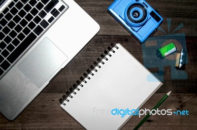 Top View Of Working Table Stock Photo