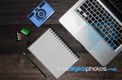 Top View Of Working Table Stock Photo