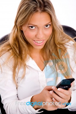 Top View Of Young Professional Holding Mobile Stock Photo