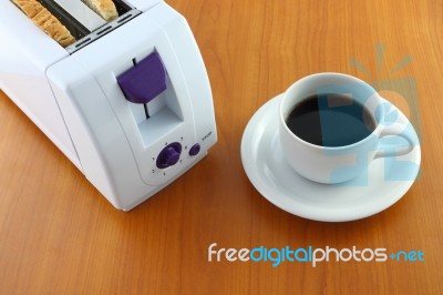 Toster Bread Coffee On Wooden Table Stock Photo