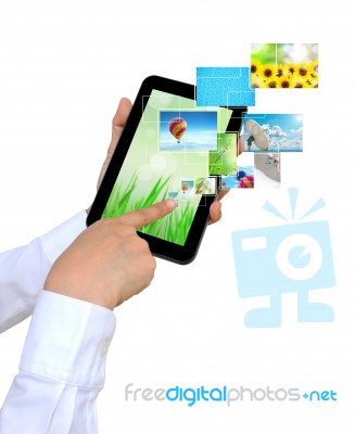 Touch Pad Pc And Streaming Images Virtual Buttons On Women Hand Stock Photo