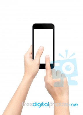 Touch Screen Mobile Phone In Hand Isolated On White Background Stock Photo