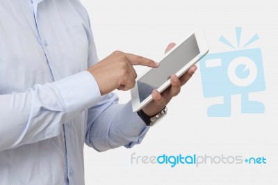 Touching The White Digital Tablet Stock Photo