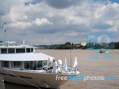 Tourist Boat Moored On The River Garonne In Bordeaux Stock Photo