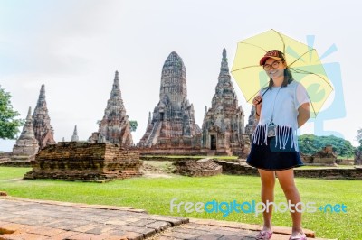 Tourist Girl At Wat Chaiwatthanaram Temple Stock Photo