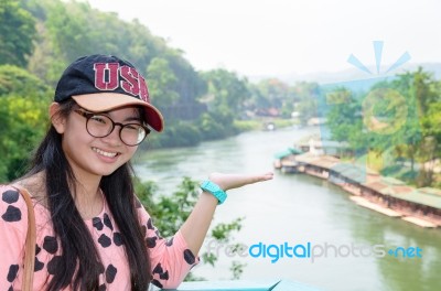 Tourist On Death Railway Bridge Viewpoint Stock Photo