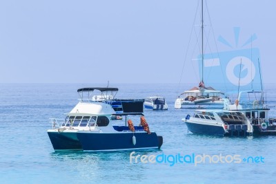 Tourist Speed Boat Floating In Harbor Port Phuket Island Southern Of Thailand Use For Water Transport And Traveling Theme Stock Photo