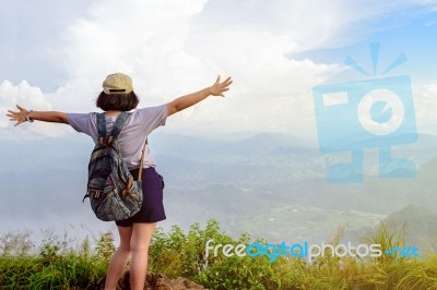 Tourist Teen Girl On Phu Chi Fa Mountain Stock Photo