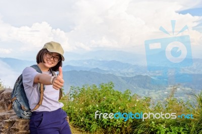 Tourist Teen Girl On Phu Chi Fa Mountain Stock Photo