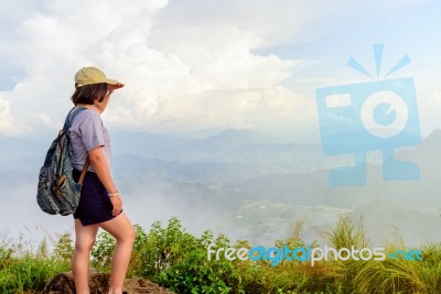 Tourist Teen Girl On Phu Chi Fa Mountain Stock Photo