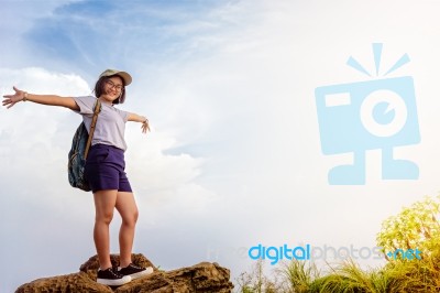 Tourist Teen Girl On Phu Chi Fa Mountain Stock Photo